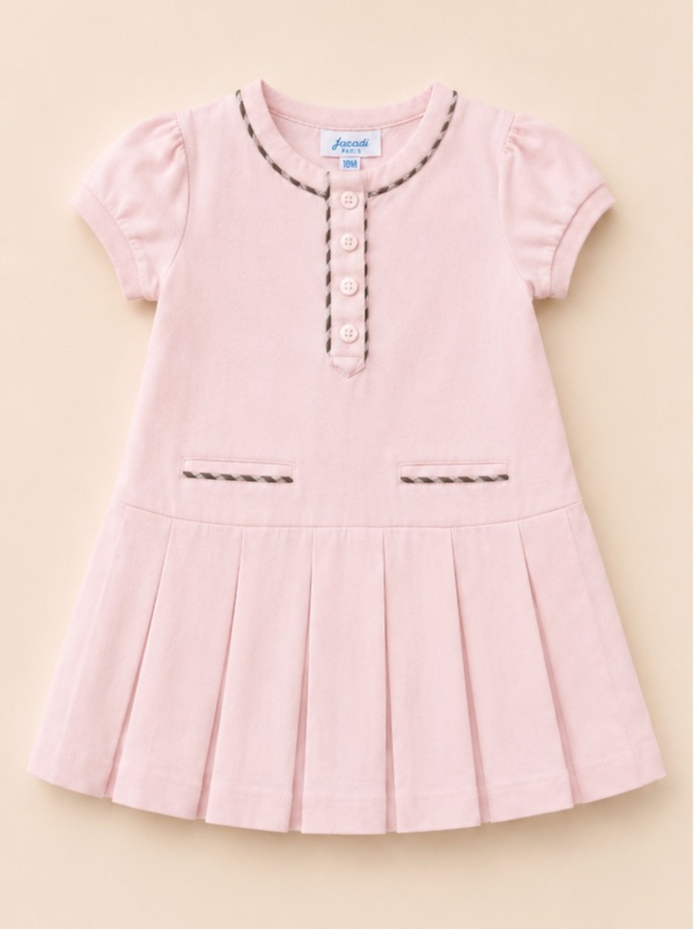 Jacadi Pink Cotton Pleated Short-Sleeve Dress with Trim